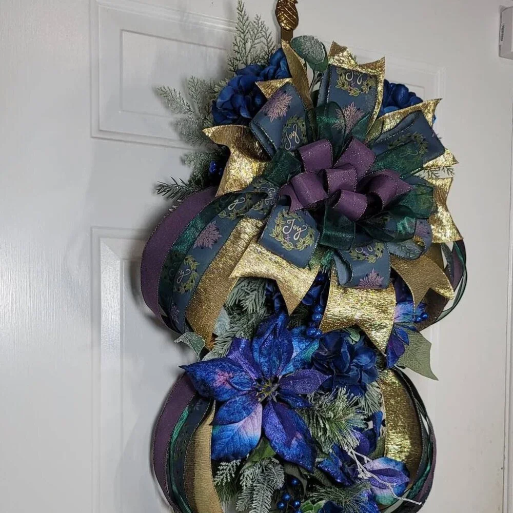 Blue Joy Poinsettia and Hydrangea with Mixed Pines Swag, Holiday Swag
